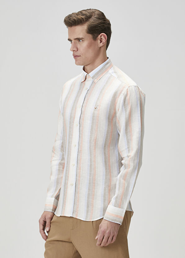 Beymen Club Comfort Fit Çok Renkli Çizgili Keten Gömlek - 4