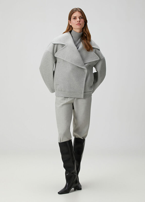 Gri Crop Yün Kaban - Görsel 3