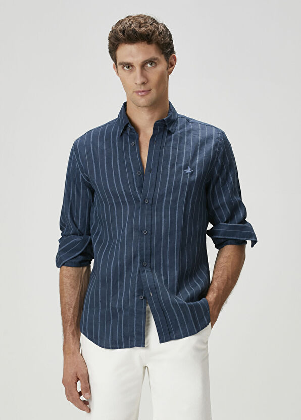 Beymen Club Comfort Fit Navy Blue Linen Shirt - 2