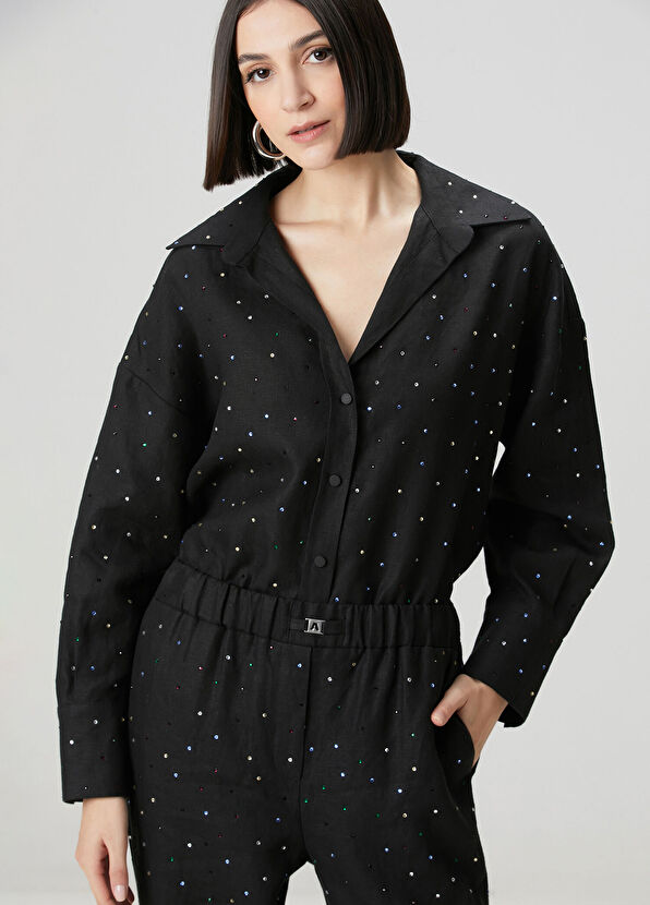 Siyah Taş Detaylı Keten Gömlek - Görsel 3