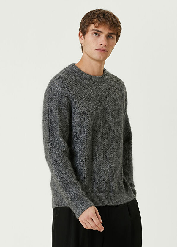 Solid Homme Gri Zikzak Dokulu Yün Kazak - 3