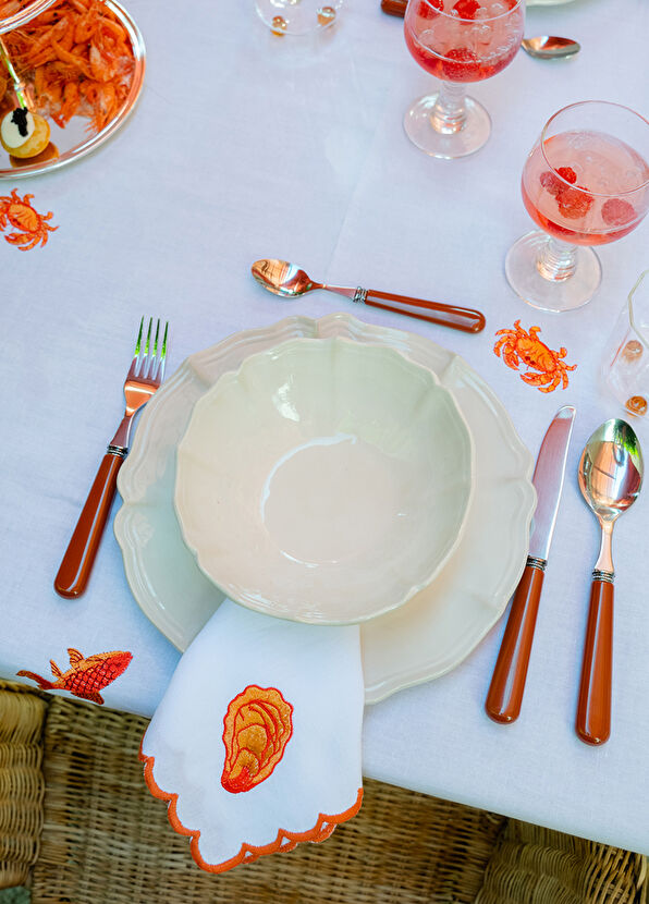 Mariaida Home Oyster Embroidered Orange White Napkin - 3