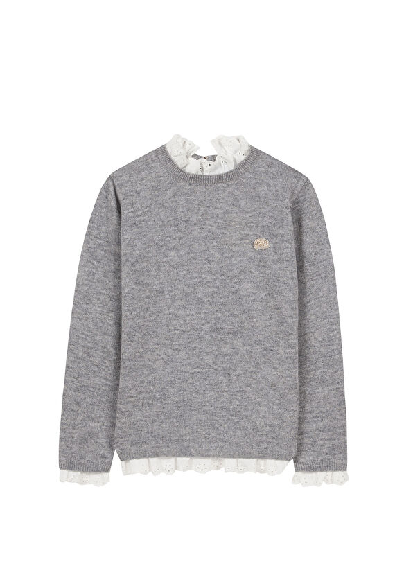 Tartine Et Chocolat Grey Wool Shirt Collared Girl's Sweater - 1