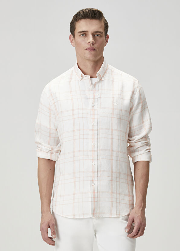Beymen Club Comfort Fit Orange White Plaid Linen Shirt - 2