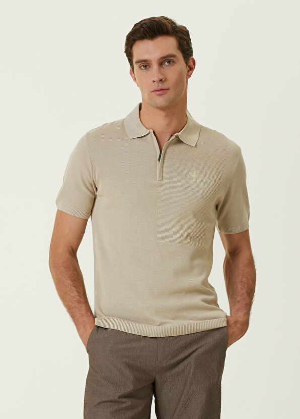 Beymen Club Bej Polo Yaka Ottoman Dokulu Kısa Kollu Triko - 1