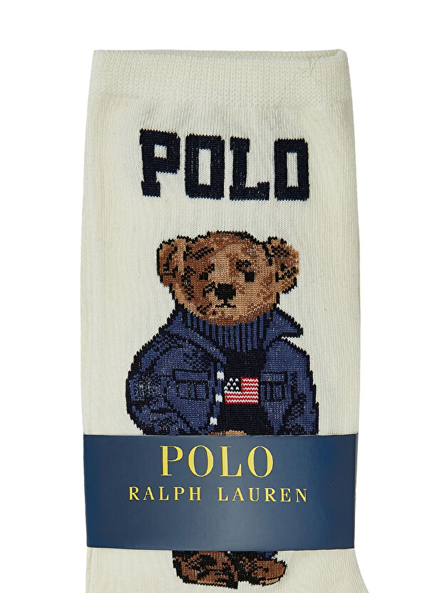 Ekru Logo Jakarlı Kadın Çorap - Görsel 3