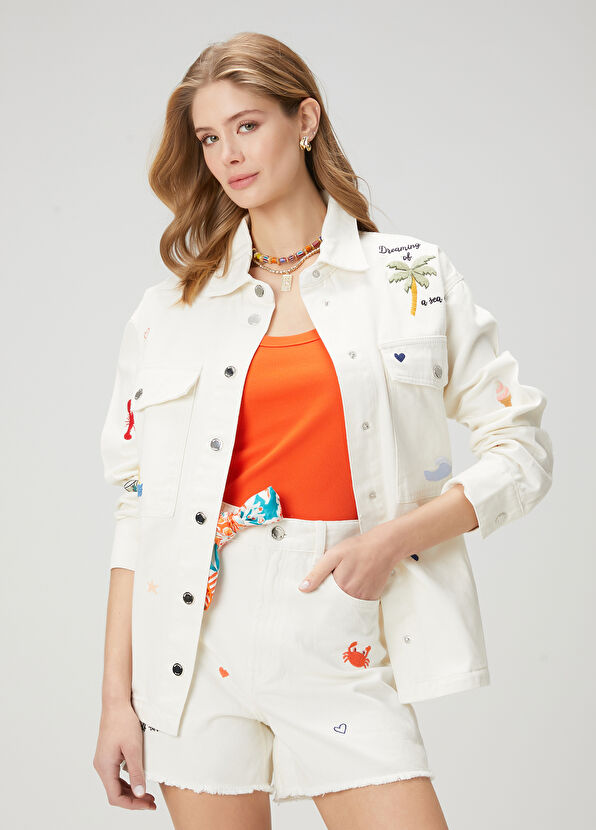 Beymen Club Off-White Embroidered Denim Shorts - 2