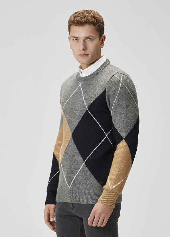 Beymen Club Grey Diamond Pattern Jacquard Sweater - 4