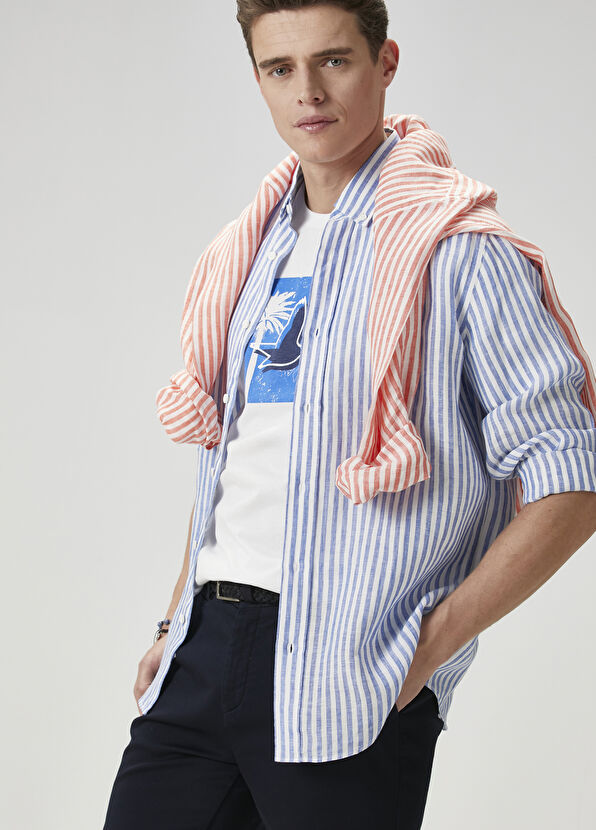 Beymen Club Comfort Fit Mavi Çizgi Desenli Keten Gömlek - 1