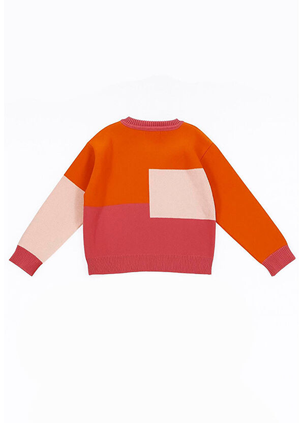 Patique Kids Orange Pink Block Patterned Crew Neck Buttoned Girl's Cardigan - 2