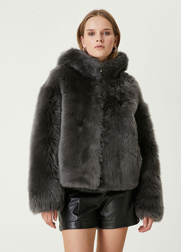 Beymen Club Anthracite Hooded Lamb Fur Coat - 4
