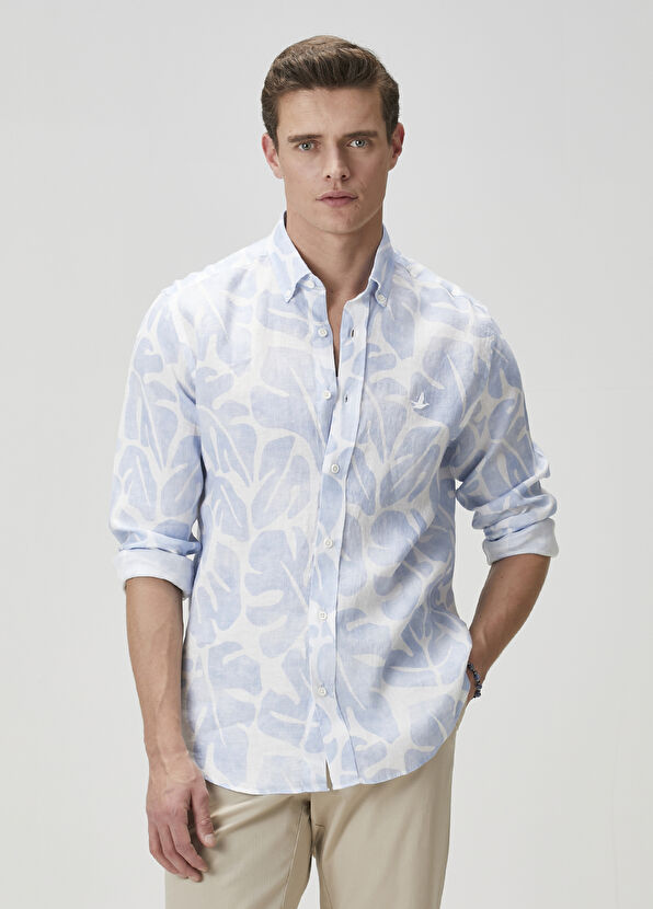 Beymen Club Blue White Leaf Printed Linen Shirt - 2