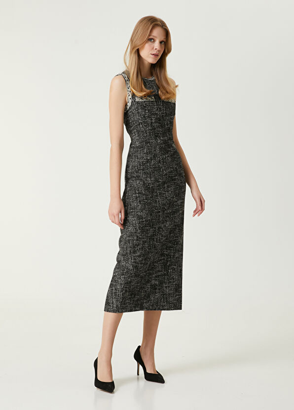Beymen Club Siyah Beyaz Midi Tweed Elbise - 4