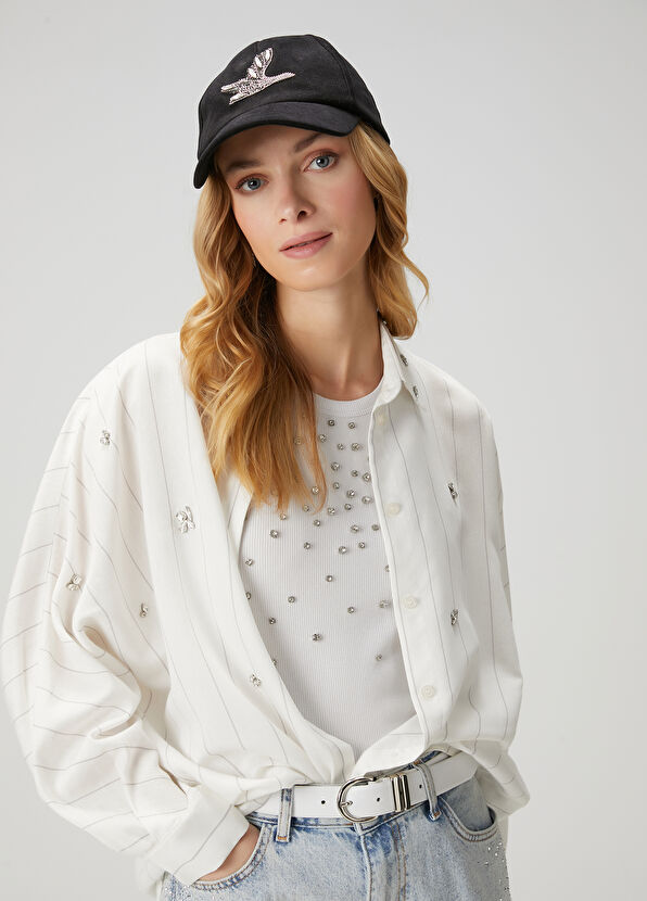 Beymen Club Beyaz Gri Çizgi Desenli Serpme Taşlı Gömlek - 1