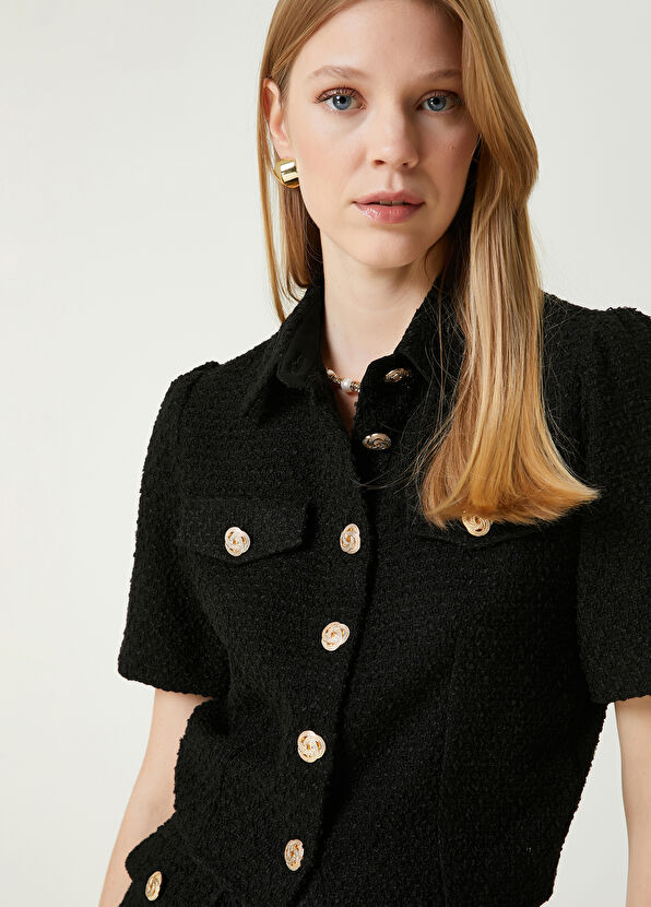 Beymen Club Siyah Gold Düğmeli Tweed Bluz - 2