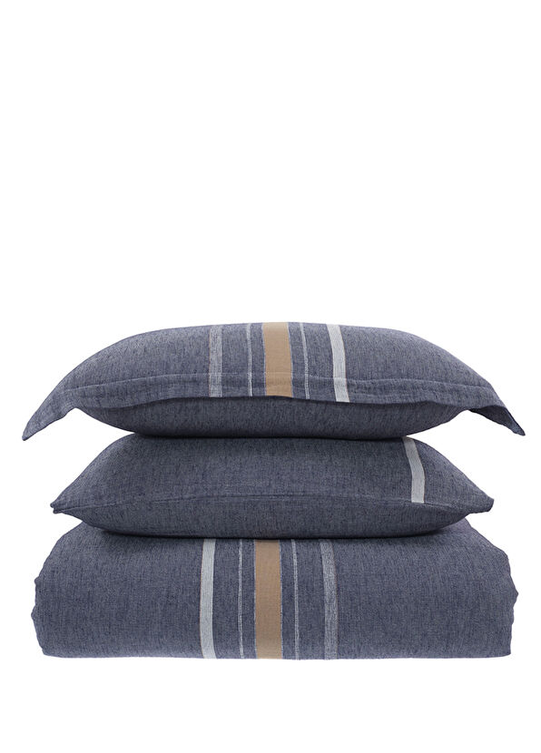 Buldan's Runda Navy Blue Khaki Linen Duvet Cover Set - 1