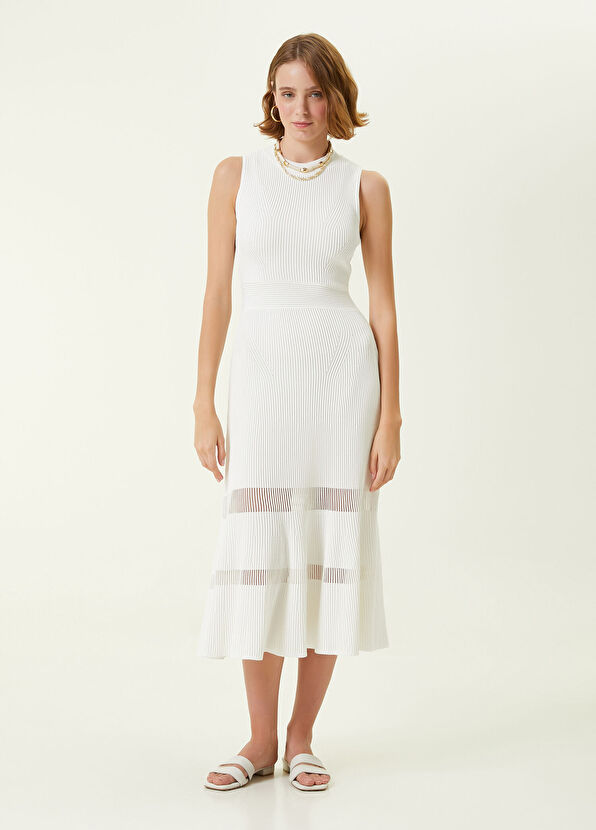 Beymen Club Beyaz Transparan Detaylı Midi Triko Elbise - 3