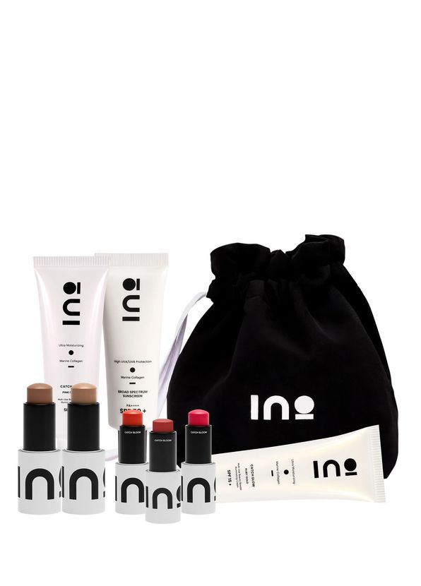 INO Beauty All-in-one Set 00 Clear – 3 Stick Ruj Allık + 2 Işıltılı Nemlendirici + SPF 50+ Güneş Kremi + 2 Bronzer Kontür Stick ve Makyaj Çantası - 1