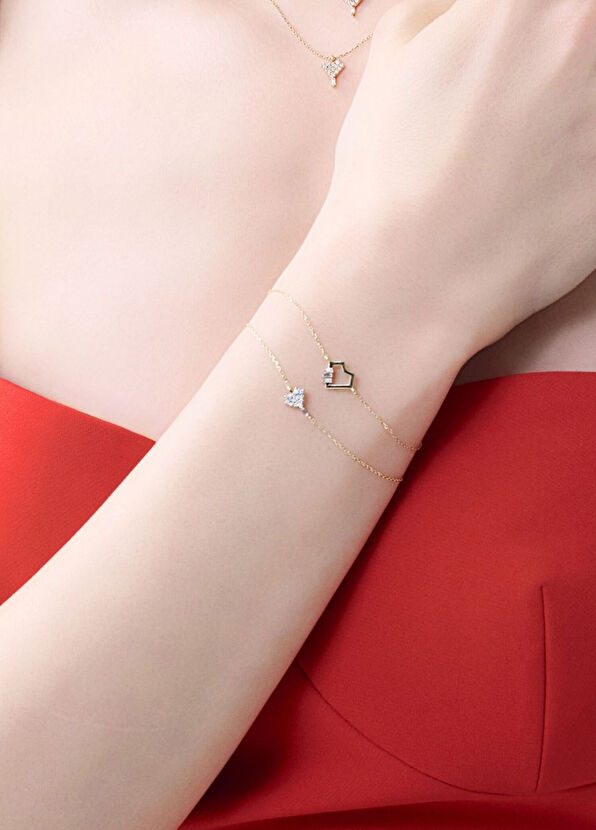 Foen Heart Trio Mini Pırlanta Taşlı 14 Ayar Altın Kadın Bileklik - 2