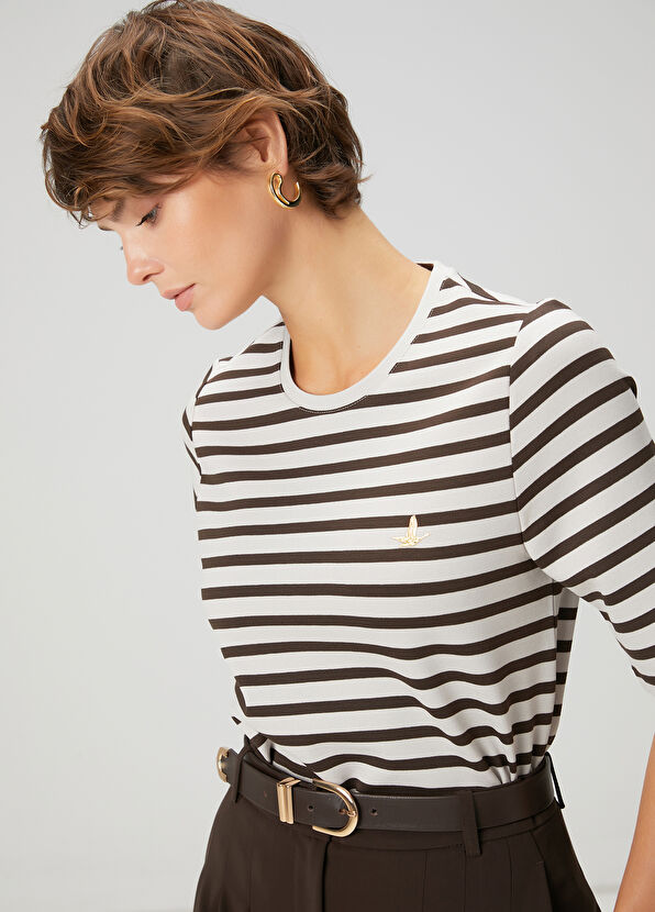 Beymen Club Kahverengi Çizgili Basic T-shirt - 2