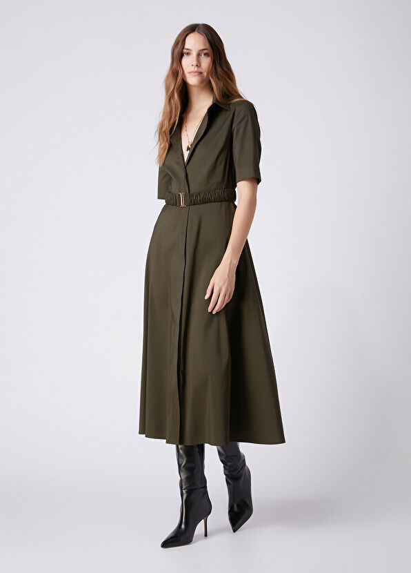 Beymen Club Khaki Belted Midi Taffeta Dress - 3