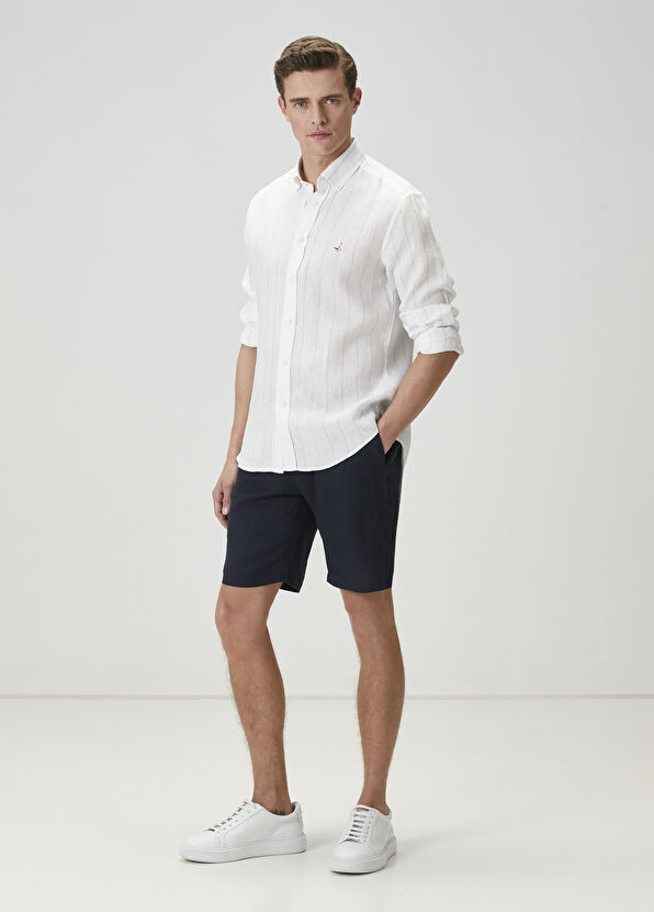 Beymen Club Comfort Fit Mavi Silik Çizgi Desenli Keten Gömlek - 3