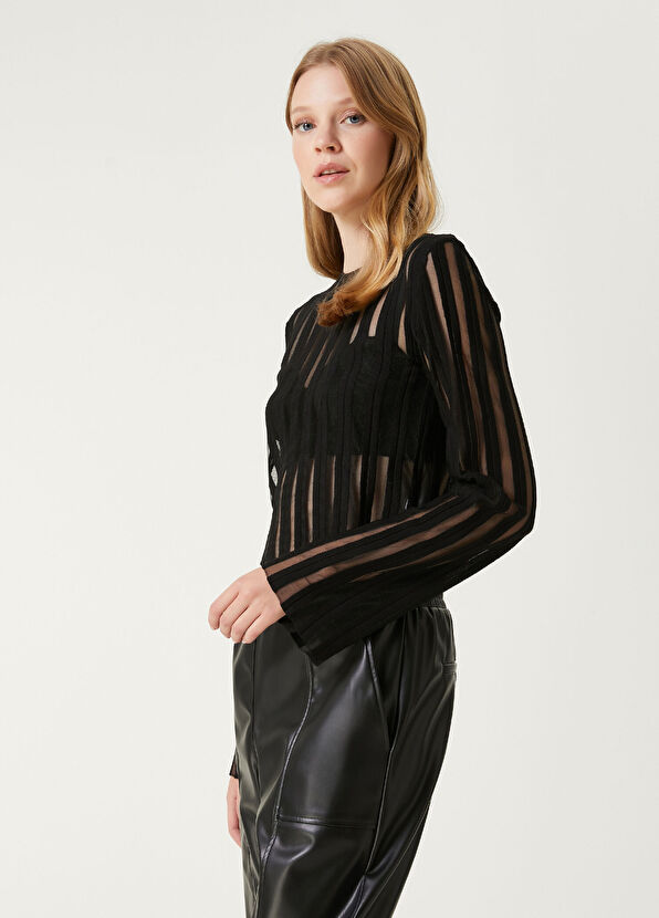 Beymen Club Black Transparent Striped Crop Sweater - 1