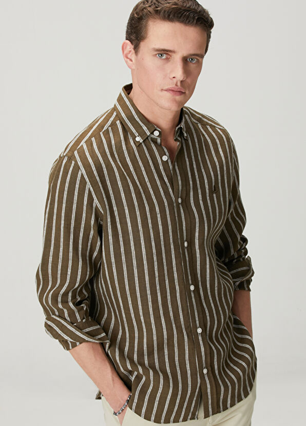 Beymen Club Comfort Fit Khaki Stripe Print Linen Shirt - 2