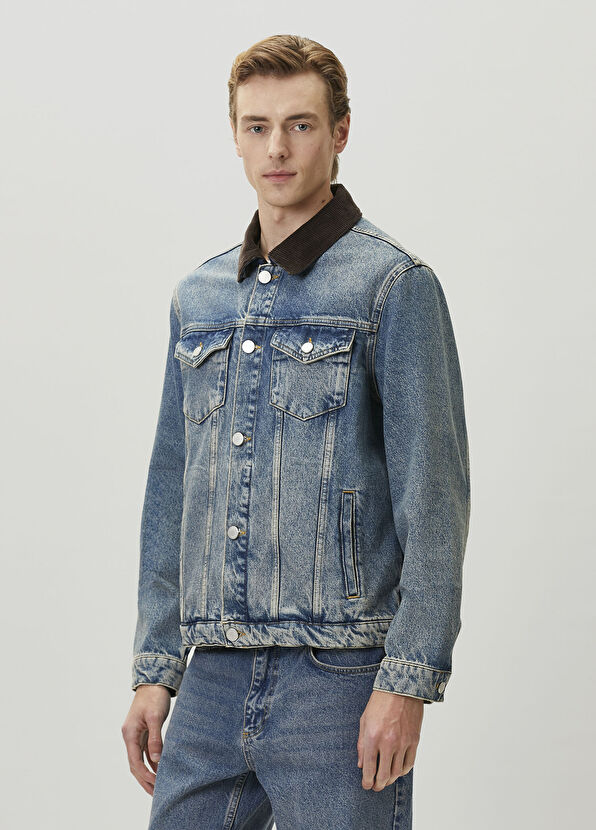 Beymen Club Blue Brown Suede Collar Denim Jacket - 4