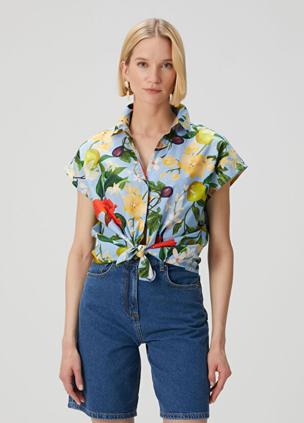Beymen Collection Mavi Çiçekli Kısa Kol Poplin Gömlek - 1