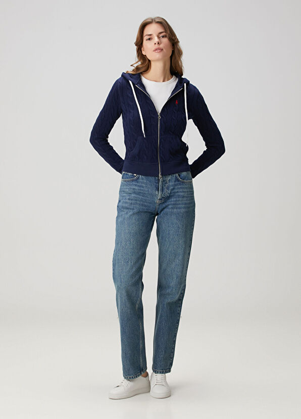 Lacivert Kapüşonlu Saç Örgü Hırka - Görsel 3