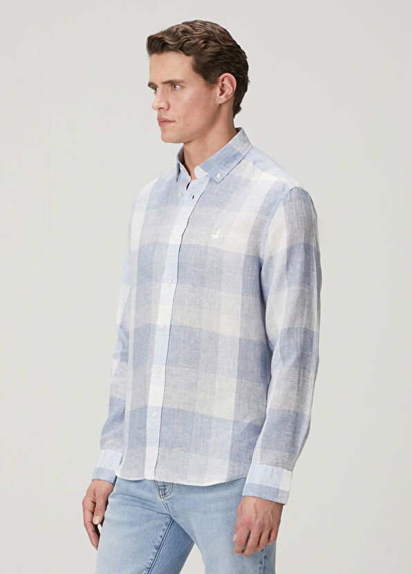 Beymen Club Comfort Fit Blue Plaid Patterned Linen Shirt - 4