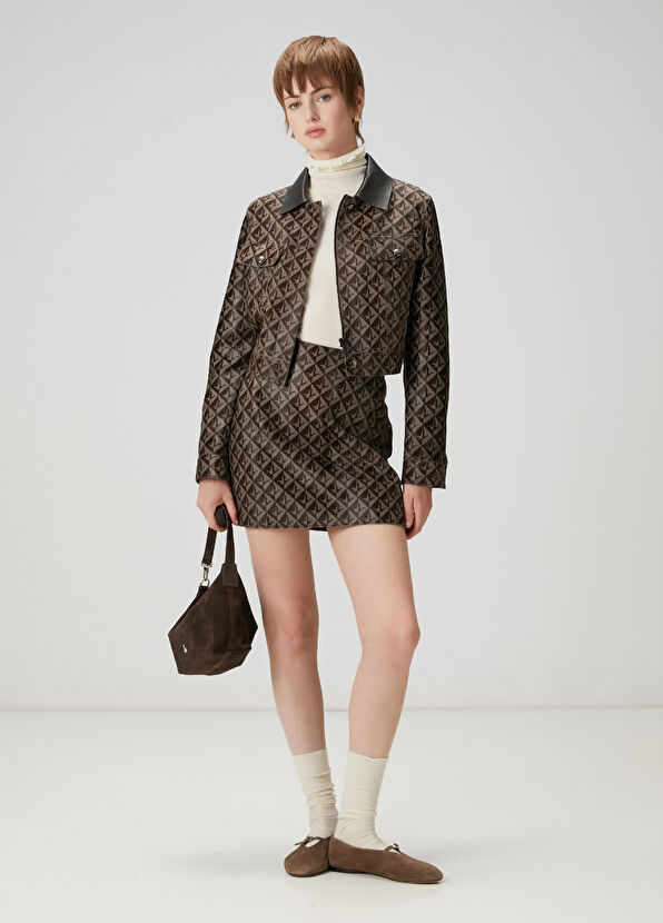 Beymen Club Dark Brown Logo Patterned Mini Leather Skirt - 1