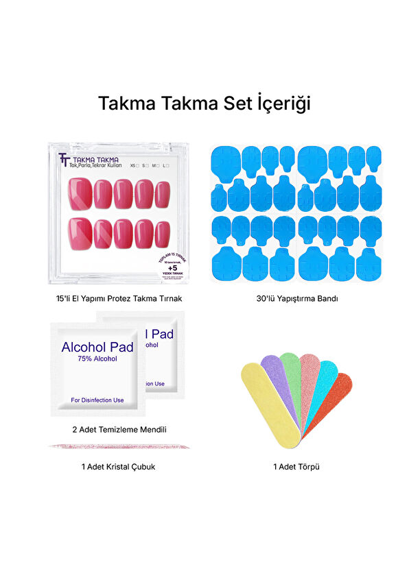 Takma Takma Pembe Kısa Kare Tekrar Kullanılabilir 15'li Protez Takma Tırnak OBL1501 - 2