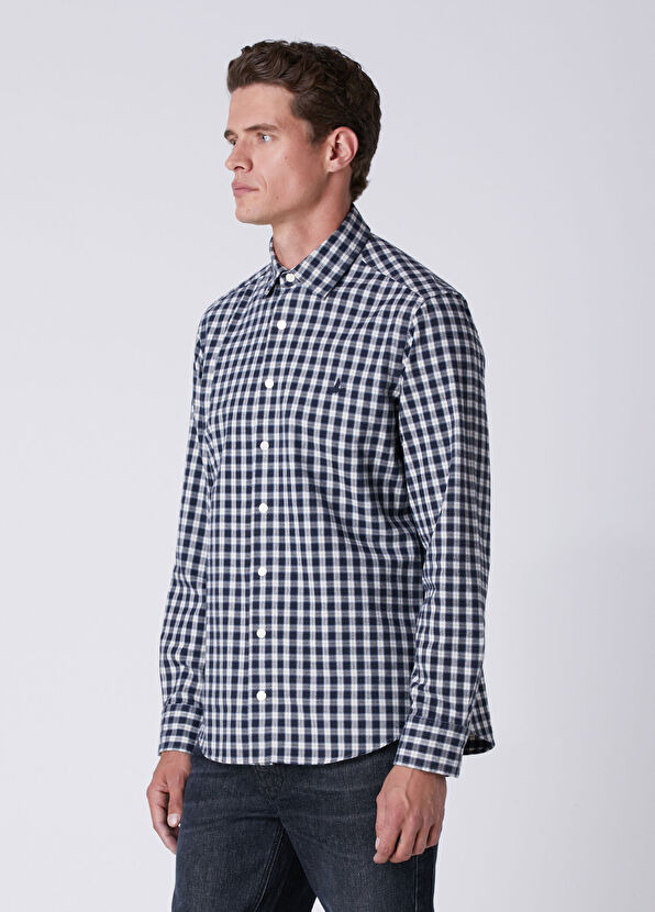 Beymen Club Relax Fit Navy Blue White Plaid Print Shirt - 4
