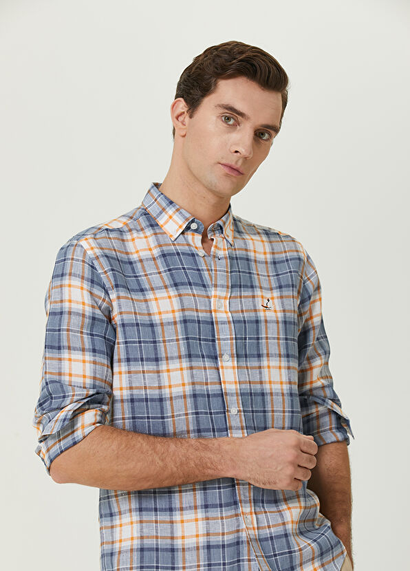 Beymen Club Blue Orange Plaid Linen Shirt With Line Detail - 2