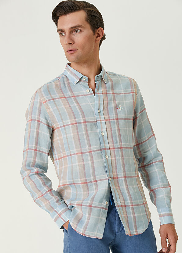 Beymen Club Comfort Fit Mavi Turuncu Ekoseli Keten Gömlek - 2