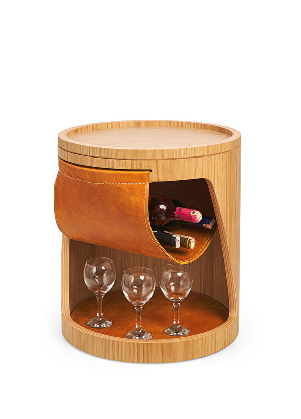 Solano Design Gerçek Deri Detaylı Meşe Roll Yan Sehpa - 1