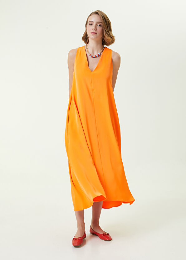 Beymen Club Turuncu V Yaka Midi Evaze Elbise - 2