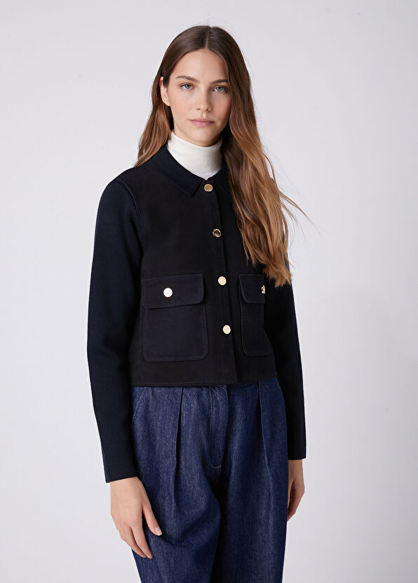 Beymen Club Navy Blue Suede Inserted Wool Knit Jacket - 4