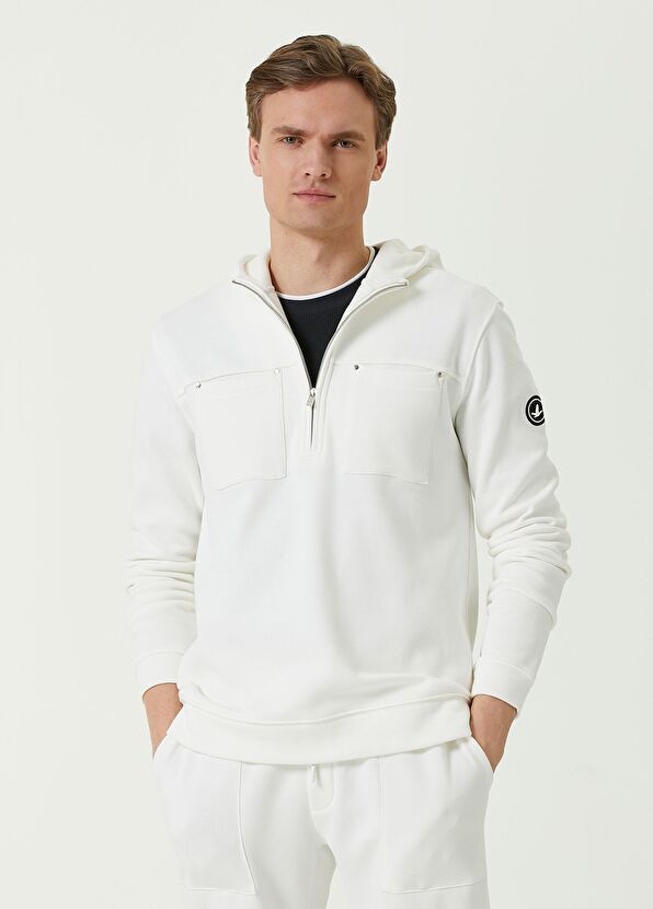 Beymen Club Beyaz Kapüşonlu Yarım Fermuarlı Sweatshirt - 1
