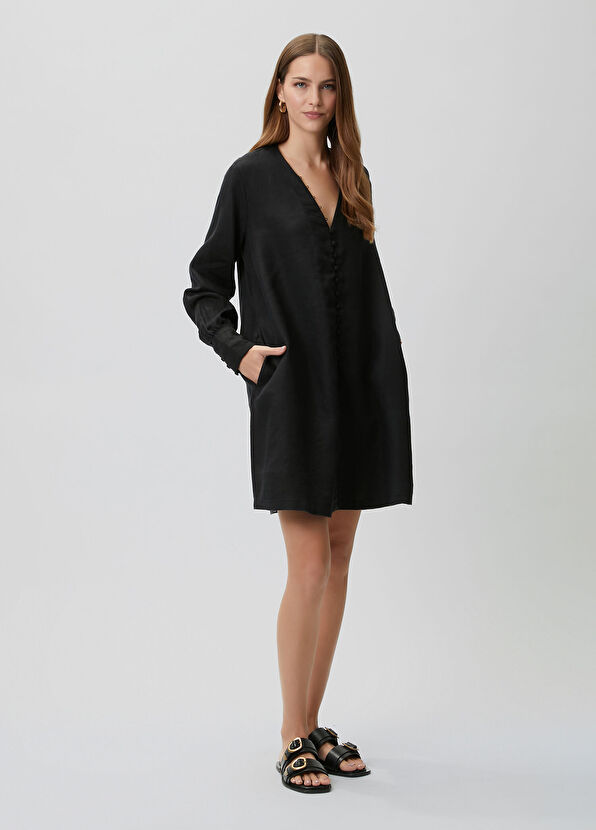Beymen Club Oversize Siyah Kısa Keten Elbise - 4