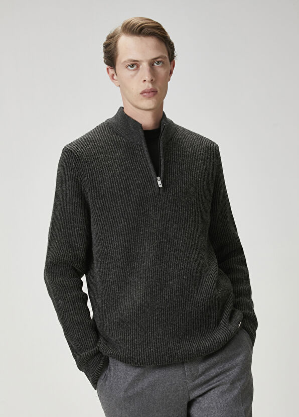 Beymen Club Antrasit Melanj Yakası Fermuarlı Kazak - 3