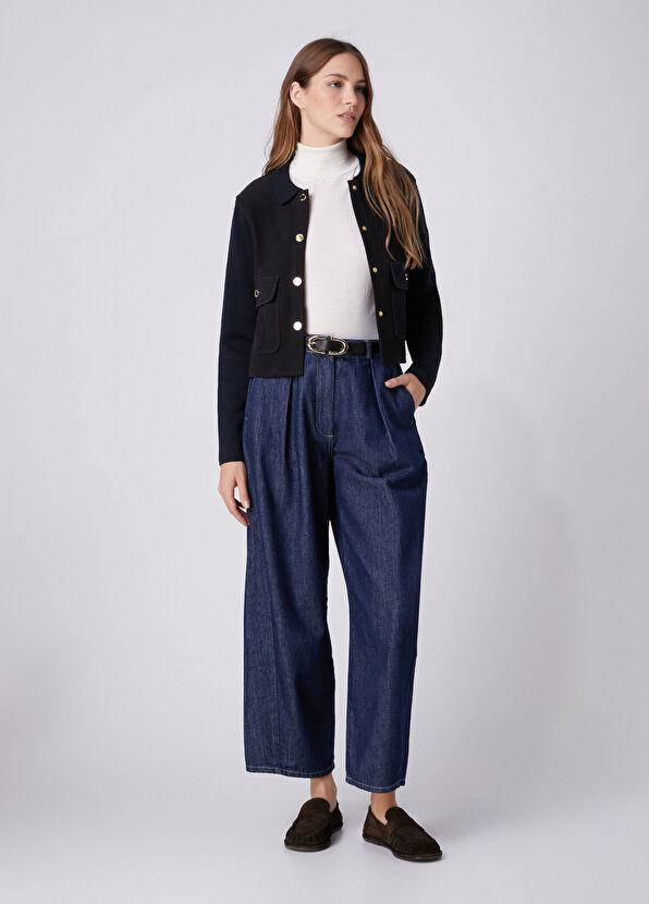 Beymen Club Navy Blue Suede Inserted Wool Knit Jacket - 3