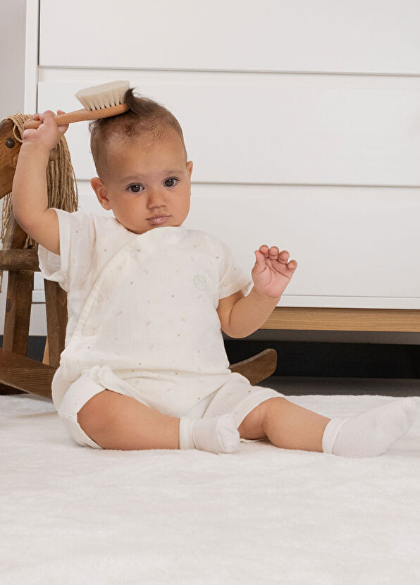 Little Gusto Ekru Organik Pamuk Müslin Kruvaze Unisex Bebek Şort Tulum - 2