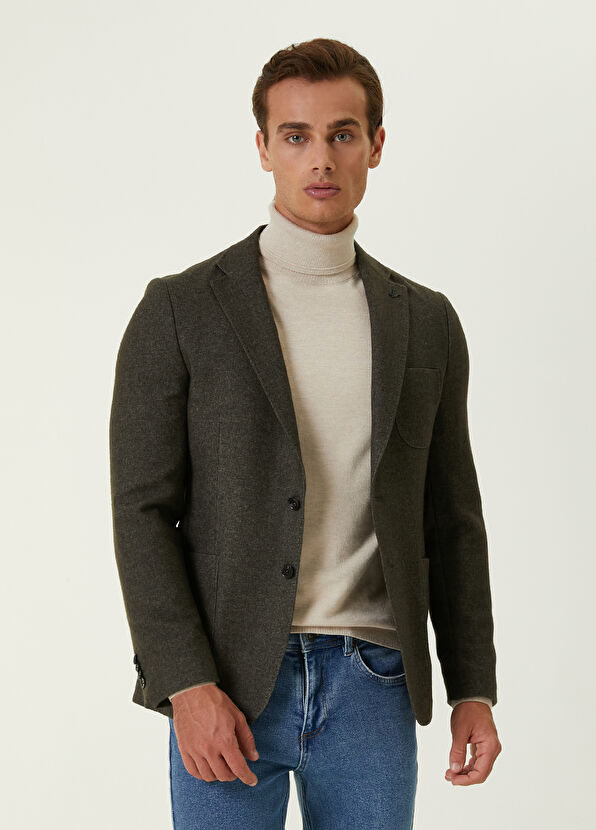 Beymen Club Slim Fit Haki Yün Flanel Kaşe Ceket - 1