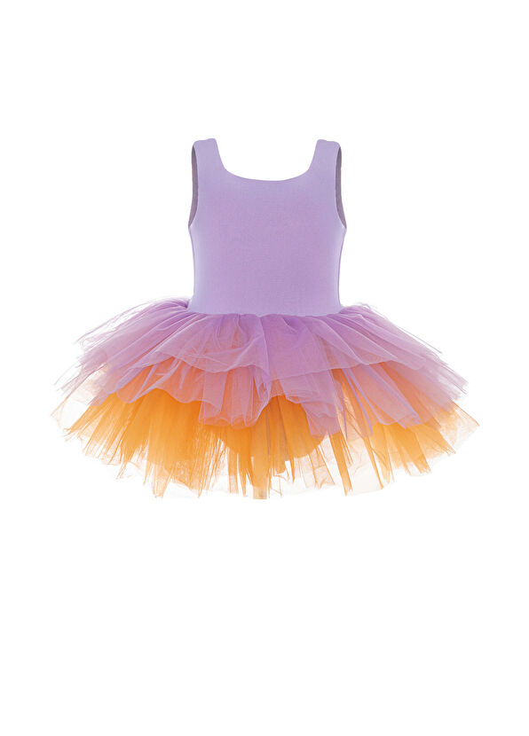 Mini Celebrities Lila Turuncu Kolsuz Kız Çocuk Tütülü Elbise - 1