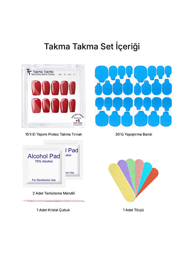 Takma Takma Kısa Balerin 15'li Kırmızı  Protez Takma Tırnak - 2