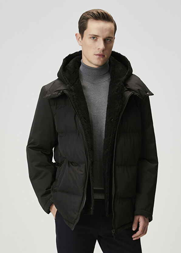 Beymen Club Siyah Kapüşonlu İç Yaka Detaylı Kaban - 1