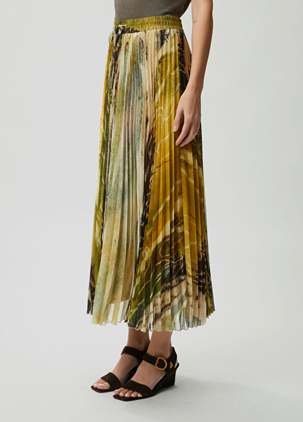 Beymen Club Neon Yellow Abstract Patterned Pleated Midi Chiffo - 2